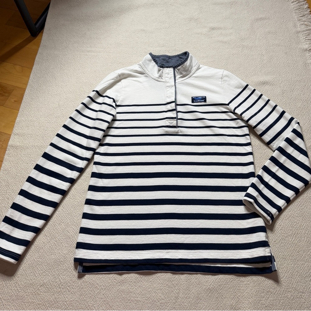 LLBEAN Striped Rugby Shirt White & Navy Blue Coastal Mariniere Preppy - Picture 2 of 9